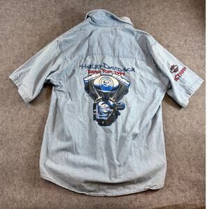 Vtg 90s Harley Davidson Demo Tour Button Up Shirt Mens M Blue Denim Three Rivers